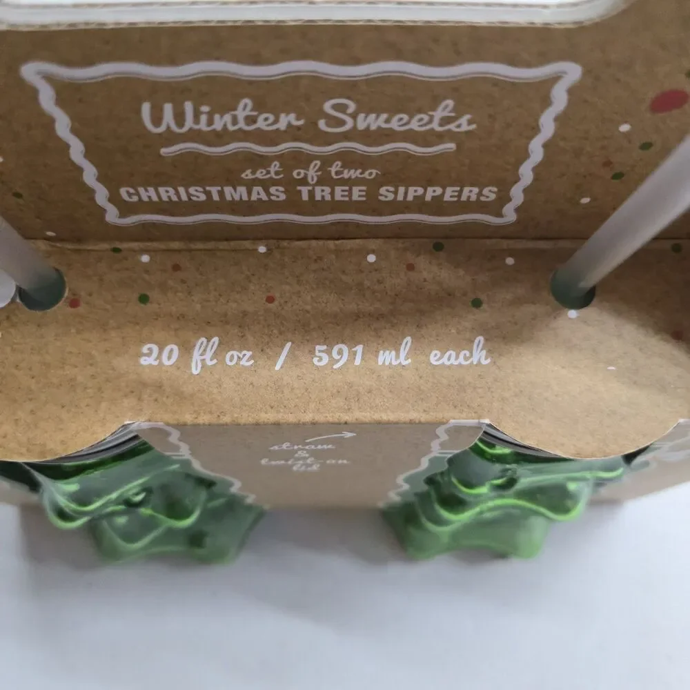 NIB Sealed Christmas Tree Sippers 20oz 2 Green Glass 3D Set w/Lids & Straws